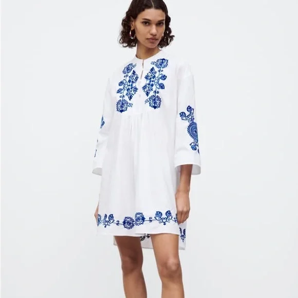 Zara White Mini Dress with Blue Floral Embroidery - Picture 10 of 10